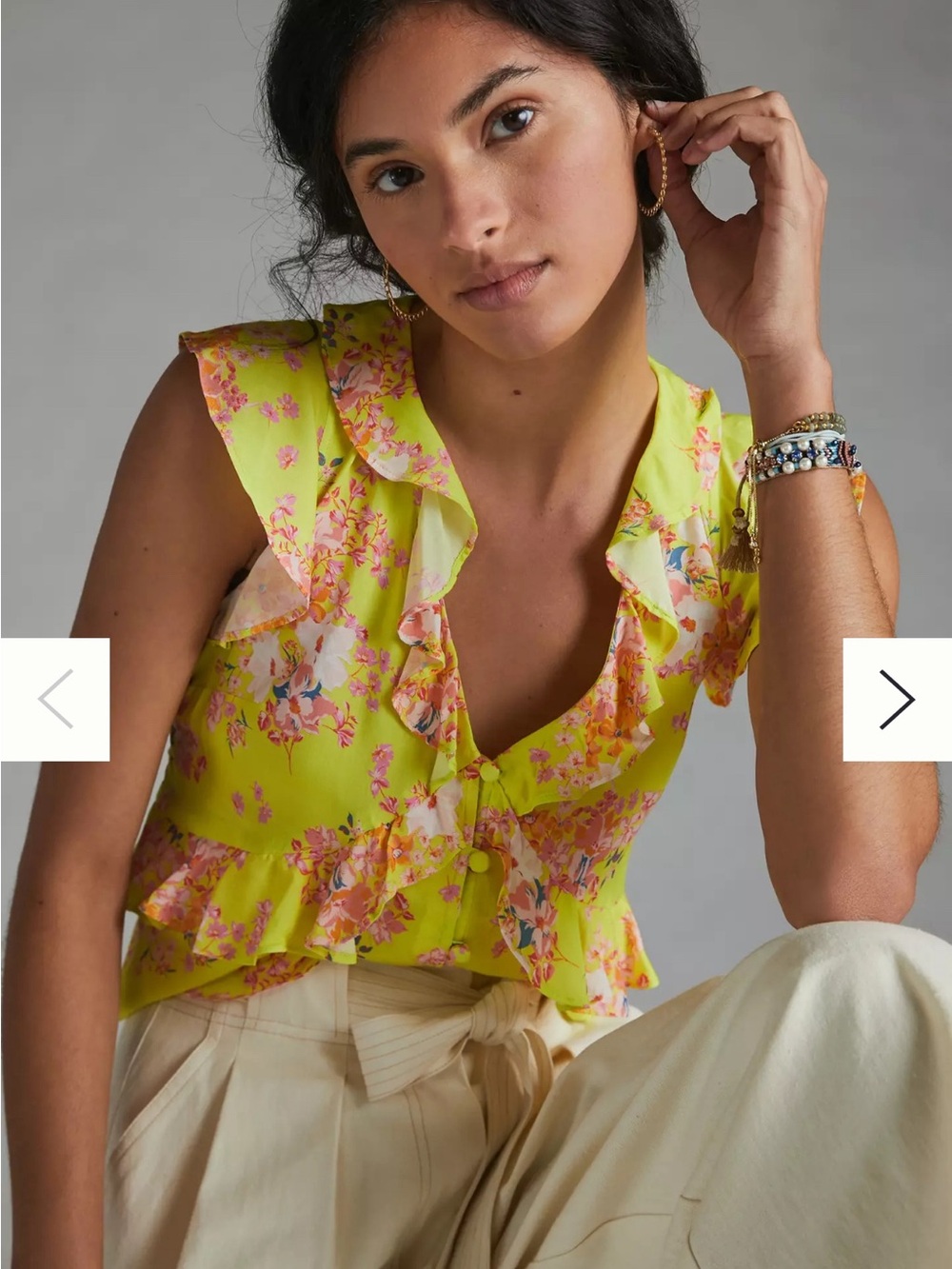 Anthropologie BrightYellow Floral Ruffle V-Neck Blouse.